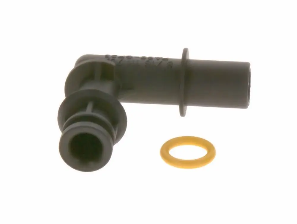 Gasrohr von Bosch mit einem gebogenen Ende und einem zusätzlichen O-Ring in Gelb. Das Rohr ist aus hochwertigem Kunststoff gefertigt.